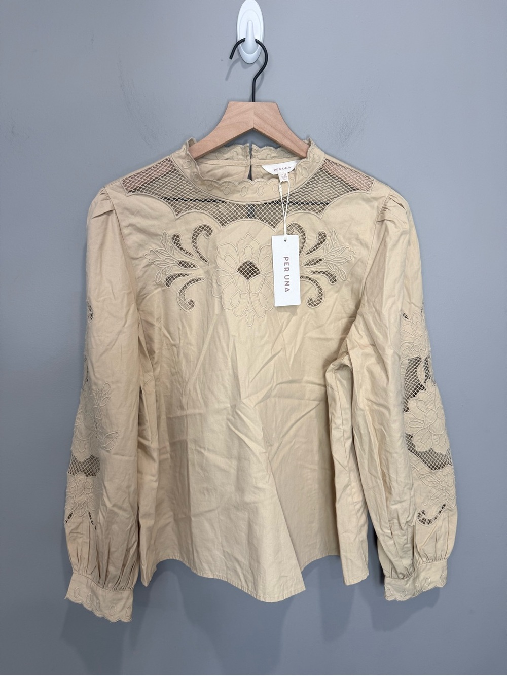 Per Una M&S Sandstone Embroidered Cutwork Blouse Top US 12 NWT FLAW